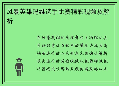 风暴英雄玛维选手比赛精彩视频及解析