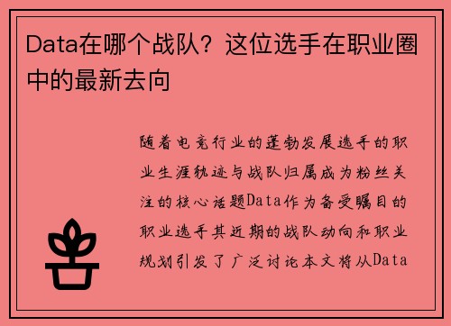 Data在哪个战队？这位选手在职业圈中的最新去向